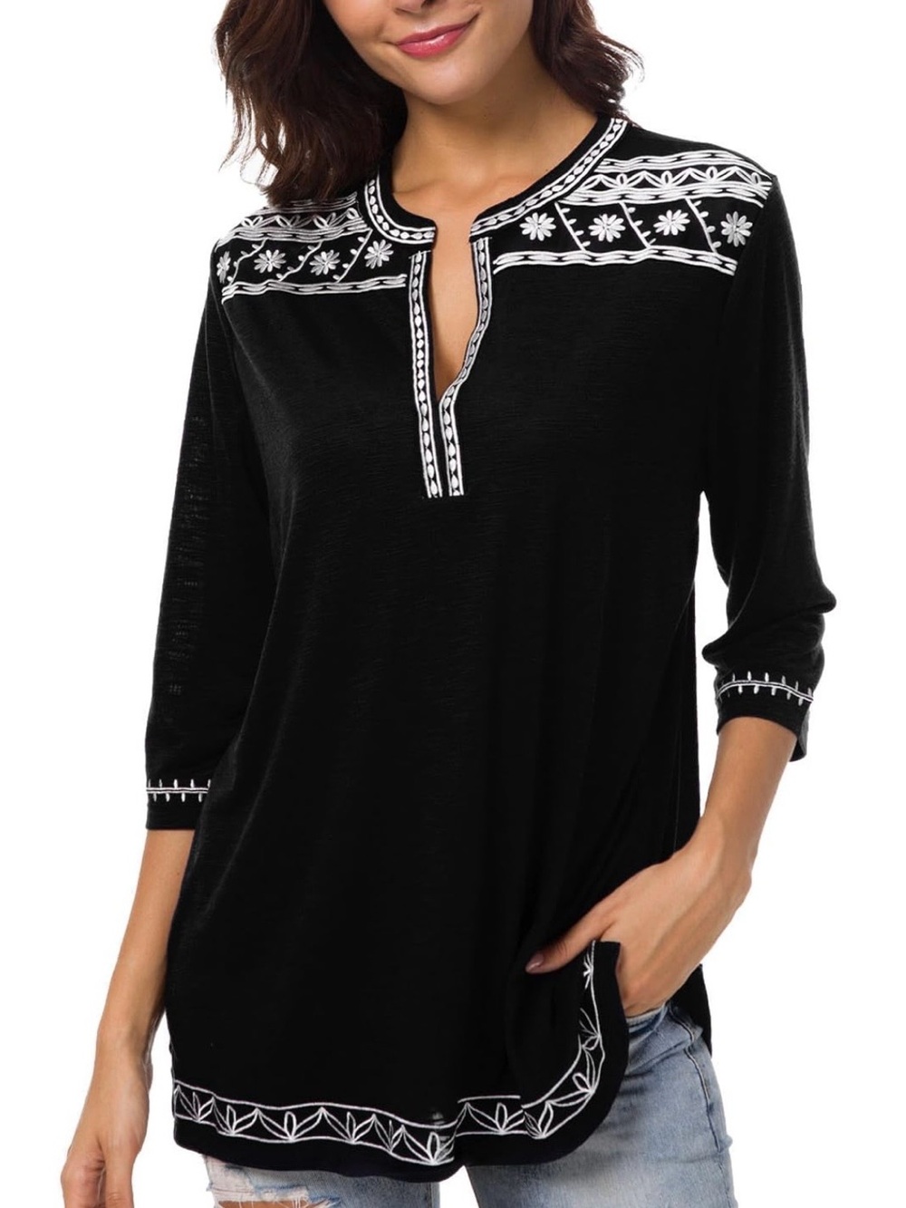 Urban Coco Women's Medium Blouse Black White Floral Embroidered Bohemian Peasant